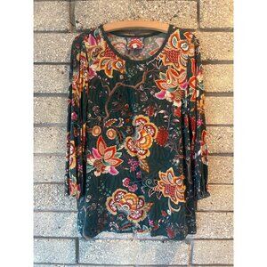 Johnny Was Floral Print Long Sleeve Top S Green Multicolor Boho Style Lightweigh